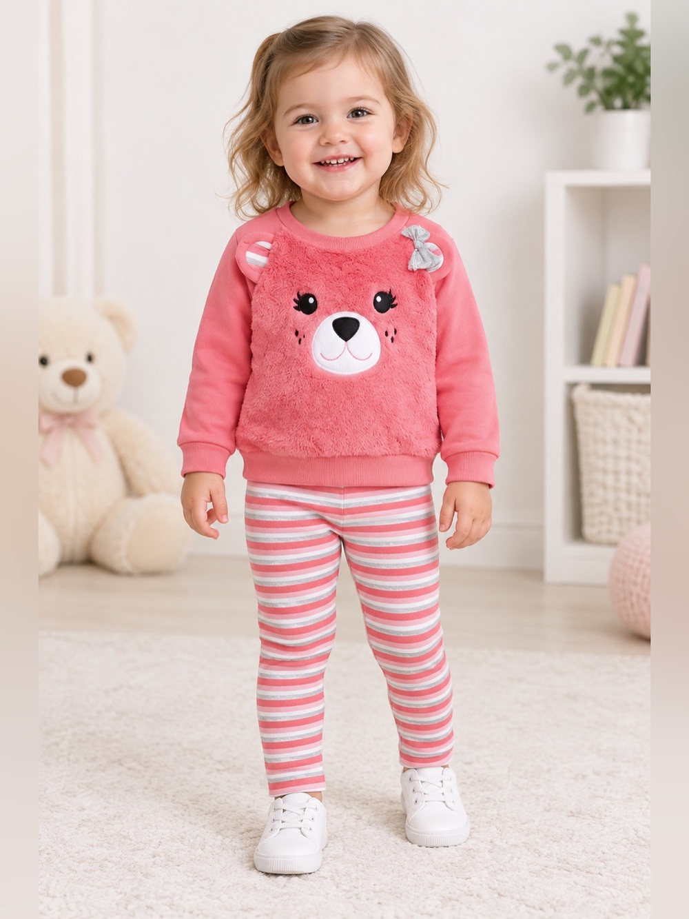 Nannette Pink Bear Sweatshirt & Stripe Leggings